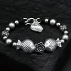 S999 Fine Silver Women Lucky Lotus Flower Fish Black Cord Weave Bracelet