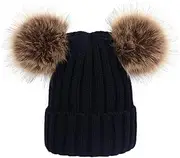 [ANDRESLAD] Warm Knitted Hat with Fluffy Balls for Years Cute Unisex Earflap Design for Outdoor Activities Autumn and Black