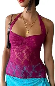 [Passec] Going Out Tops for Women Y2k Lace Cami Crop Top Sexy Sleeveless Spaghetti Strap Mesh Camisole Backless Tank Shirt