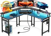 L Shaped Gaming Desk with LED Lights & USB Ports Monitor Stand Black