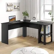 Ufurniture L-Shaped Corner Computer Desk 140cm Home Office Desk Study Table Workstation Large Writing Table with 2 Storage Shelves (Black)