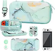 RHOTALL Carrying Case for Nintendo Switch Oled, Portable Hard Shell Green Marble Travel Storage Case with Protective Case Cover, Screen Protector, Adjustable Shoulder Strap and 2 Thumb Cap