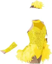 [Generic] Hem Dance Dress for Girl Women Sequins Ballroom Stage Costume Competition Performance Dynamic Dance Apparel Wear(Orange,SC)