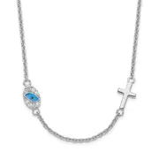 Sterling Silver Rh Cz Enamel Cross W/Eye 16.5In W/2In Ext Necklace