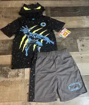 Marvel Boys Black Panther Hooded Top With Matching Shorts 2-Piece Outfit Size 7