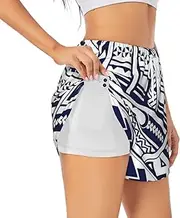 [WURTON] Blue Polynesian Maori Tribal Pattern Print Exercise Gym Workout Shorts Women's Athletic Shorts Dual-Layered Yoga Running