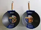 2, OSTER CARBON STEEL WOKS. 12 IN NON STICK SET OF 2. BLUE / GREEN FREE SHIPPING