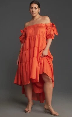 Anthropologie Midi Dress Orange Off The Shoulder Preppy Resort Boho Small NWT