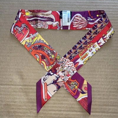 New HERMES TWILLY Silk SCARF Twilly Purple Yellow Red 2”x33.5”