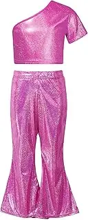 [FEESHOW] Girl Dance Outfits Shorts Sleeve Crop Top with Shiny Pants Hip Hop Clothe Set Jazz Dancewear