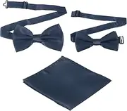 [uxcell] Bow Tie for Men, Adjustable Bow Ties with Pocket Square Solid Color Triple Fold Pre-tied Bow Ties Sets for Wedding, Parties, Dinner, and Business (Navy, 2Size)