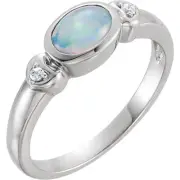 14k White Gold Genuine Australian Opal Oval Cabochon and Genuine Diamond Ring