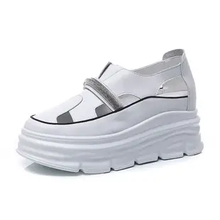 T2R-正韓空運-真皮素面拼接水鑽裝飾套腳厚底涼鞋-增高約7公分-白