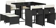 vidaXL Outdoor Bar Set - Black Poly Rattan 9 Piece Garden Dining Set with Foldable Chairs, Stools, & Cushions for Patio, Deck