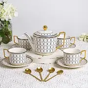 [CwlwGO] 7 Oz Bone China Blue Tea Cup and Saucer Service for 4,Afternoon Porcelain Tea Set with Teapot,Tea Sets For Women Tea Party.