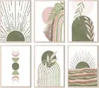 Sage Green Boho Wall Art, Minimalist Wall Art Wall Decor Geometric Line Leaf Sun