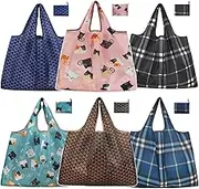Sonicefit 6Pack Reusable Grocery Bags, Foldable Washable Shopping Totes Bags with Handles,Heavy Duty Cute Groceries Bags Beach Bags, Packable Cloth Grocery Tote with Attached Pouch