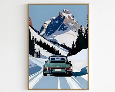 Porsche 911 Carrera Poster Alpine Mountains Snow Car Poster Vintage Malika Favre