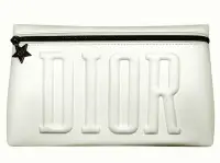 在飛比找Yahoo!奇摩拍賣優惠-Dior 迪奧 簡約浮雕 LOGO 時尚白色化妝包 黑色拉鍊