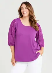 TS Taking Stretch Cotton Broderie Puff Sleeve Top 14 16 18 M L XL Plus Size BN