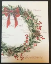 Christmas Greeting Card NEW Gorgeous Wreath Pine Berries Big Red Bow Glittered!