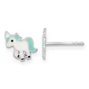 Sterling Silver Rhodium-Plated Polished Multi-Color Enameled Blue Unicorn Children'S Post Earrings