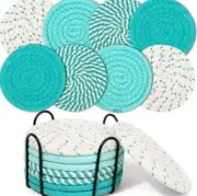 Woven Cotten Absorbent Coaster Set w/ Holder Minimalistic Boho GRAY 8 Coasters