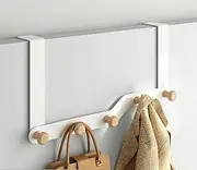 LAKNUY Over The Door Hooks Door Hanger Hook for Clothes with 5 Wooden Door Hooks，Over Door Coat Hanger Hanging Coats Towel Hanger Coat Rack for Towels, Clothes, Back of Bathroom Bedroom（White）