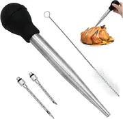 Turkey Baster 1 Set Stainless Steel Turkey Baster Syringe with Silicone Pump Head Includes Detachable Needles & Cleaning Brush, Meat Injector for Cooking, Syringe-