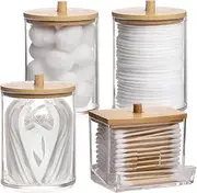 Tbestmax 4 Pack Qtip Holder Bathroom Container, 10/7oz Cotton Ball/Swabs Dispenser, Apothecary Jar with Bamboo Lids for Organizer and Storage (Beige)