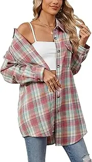 [Mingzhu] Women's Oversized Flannel Plaid Shirts Button Down Long Sleeve Plaid Shackets Collared Blouses Tops