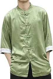 [ZIRIA] Ice Silk Short Sleeve Shirt Men Clothing Summer Bamboo Leaf Jacquard Tang Suit Loose Vintage