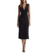 Reiss Women Dress Size 0 Black Deep V Neck Jayla Wrap Waist Midi Zip Back New