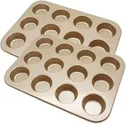 Muffin Pan, 12 Cup Cupcake Baking Pan Set of 2, Cheesecake Tart Baking Tin Tray Bakeware Mold, Stainless Steel Muffin Pans for Baking Mini Cake Muffin Tart Quiche (Gold)