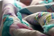 Handmade Twin Size Baby Quilt with Light Blue Quilt Ties, Patchwork 52" by 70"