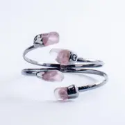 Rose Quartz Bangle Bracelet Layered Pink Crystal Titanium Metal Size Adjustable