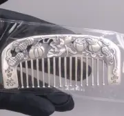 999 Fine Silver Pure Silver Hair Comb Carved Flower Fruit Hair Care 3.82inchL