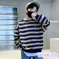 在飛比找momo購物網優惠-【UniKids】中大童裝長袖T恤 韓系條紋小熊 男大童裝女