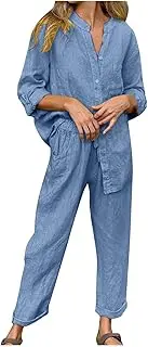 Linen Set for Women 2 Piece Outfits Casual Pants Sets Plus Size Track Suits Solid Color Lounge Wear with Pockets