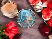 Stained Glass Art Round Pill Organizer With Witch & Cauldron Design 1.75"