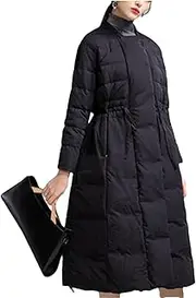 [Generic] Women Winter Cotton-Padded Coat Round Neck Loose Zipper Waist Drawstring Thick Quilted Jacket