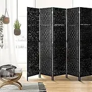 OIKITURE 6 Panels Room Divider,Foldable Wooden Privacy Screen Dividers Partition Wall Screens for Home Pet Child Balcony Bedroom Bathroom, Portable Rattan Partition Separator Water-Resistant,Black