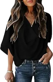 [AOISAGULA] Women’s Drape V Neck Blouses 3/4 Sleeve Tops Chiffon Elegant Shirts for Summer Business Casual