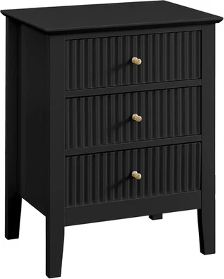 Fluted 3 Drawers Black Nightstand, Bedroom 24" Bed Night Stand, Side End Table S