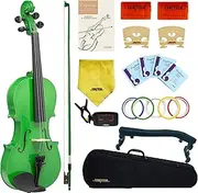 Crafteem 1/4 Fiddle Green Colored Premium Violin Outfit for Beginners Adults Kids With 5 Color Fingering Tape- Handcrafted Student Beginner Violin