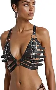 [Greenery-GRE] Womens Faux Leather Cage Harness Bra Adjustable Buckle Hollow Out Chest Straps Halter Top Lingerie Punk Festival