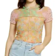 BP Patchwork Mesh Crop Top Pink Floral Size XL Casual Sheer Artsy Fairy Cute NEW