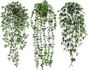 3pcs Fake Hanging Plants, Artificial Hanging Plants Kit, Potted Greenery Faux Eucalyptus Vine Golden Pothos Mandala Vine in Black Pot for Wall Room Patio Office Table Decor