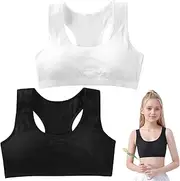 [KWJEIULSOQ] 2 Pieces Girls' Sports Bra Padded Teens Underwear with Removable Padding and Wide Shoulder Straps, U-Shaped Design for Girls Aged 8-16 Years, Black + White, White Black, A