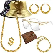 [SQPO] 80s 90s Hip Hop Costume Set Rapper Bucket Hat Accessories Retro Gold Chain Big Hoops Jewelry Unisex